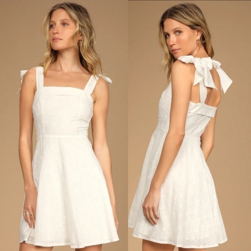 Sneak a Kiss White Eyelet Embroidered Floral Tie-Strap Mini Dress Large